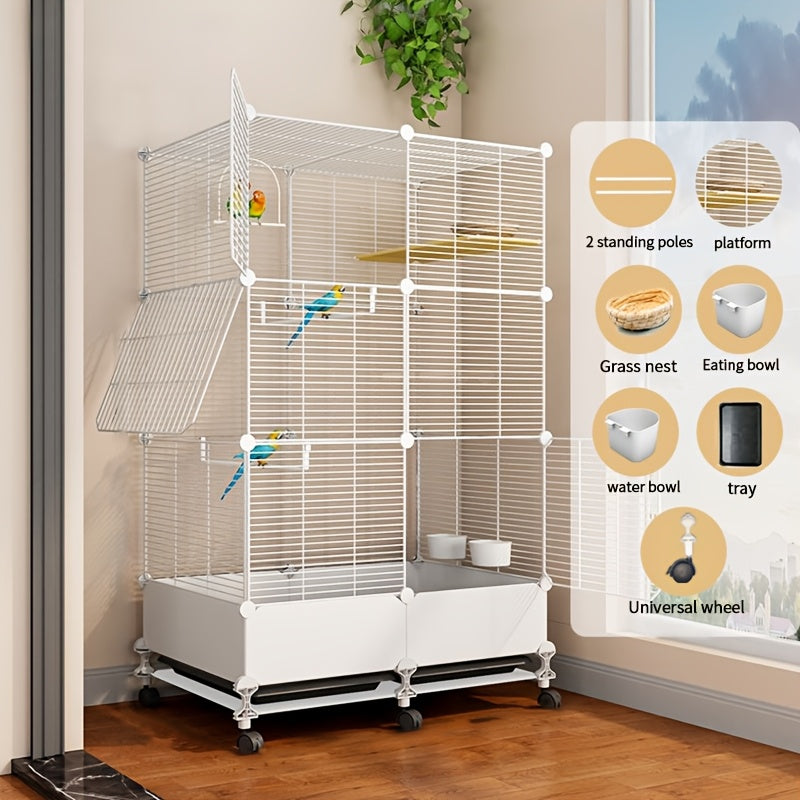 Extra Large Stainless Steel Bird Cage with Splash Guard – Perches, Bowls & Wheels