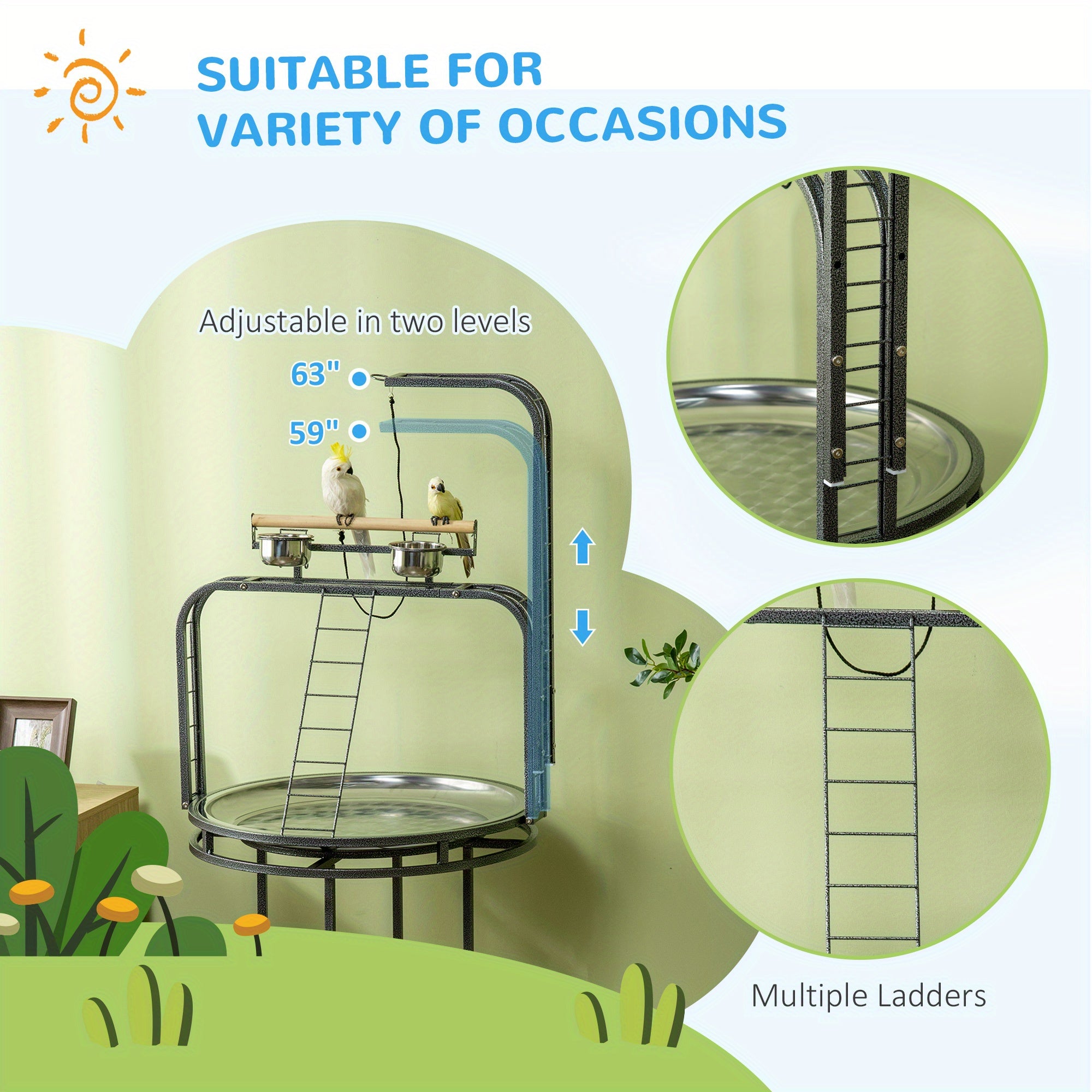 Stainless Steel Parrot Stand with Toy Hook & 3 Ladders – Wooden Perch