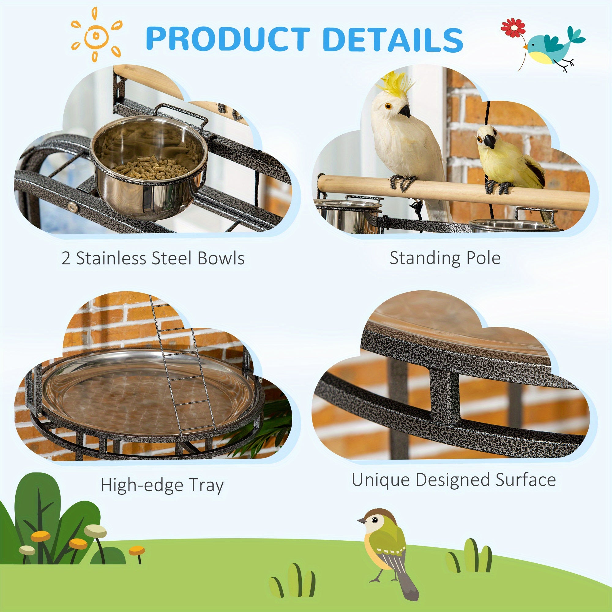 Stainless Steel Parrot Stand with Toy Hook & 3 Ladders – Wooden Perch