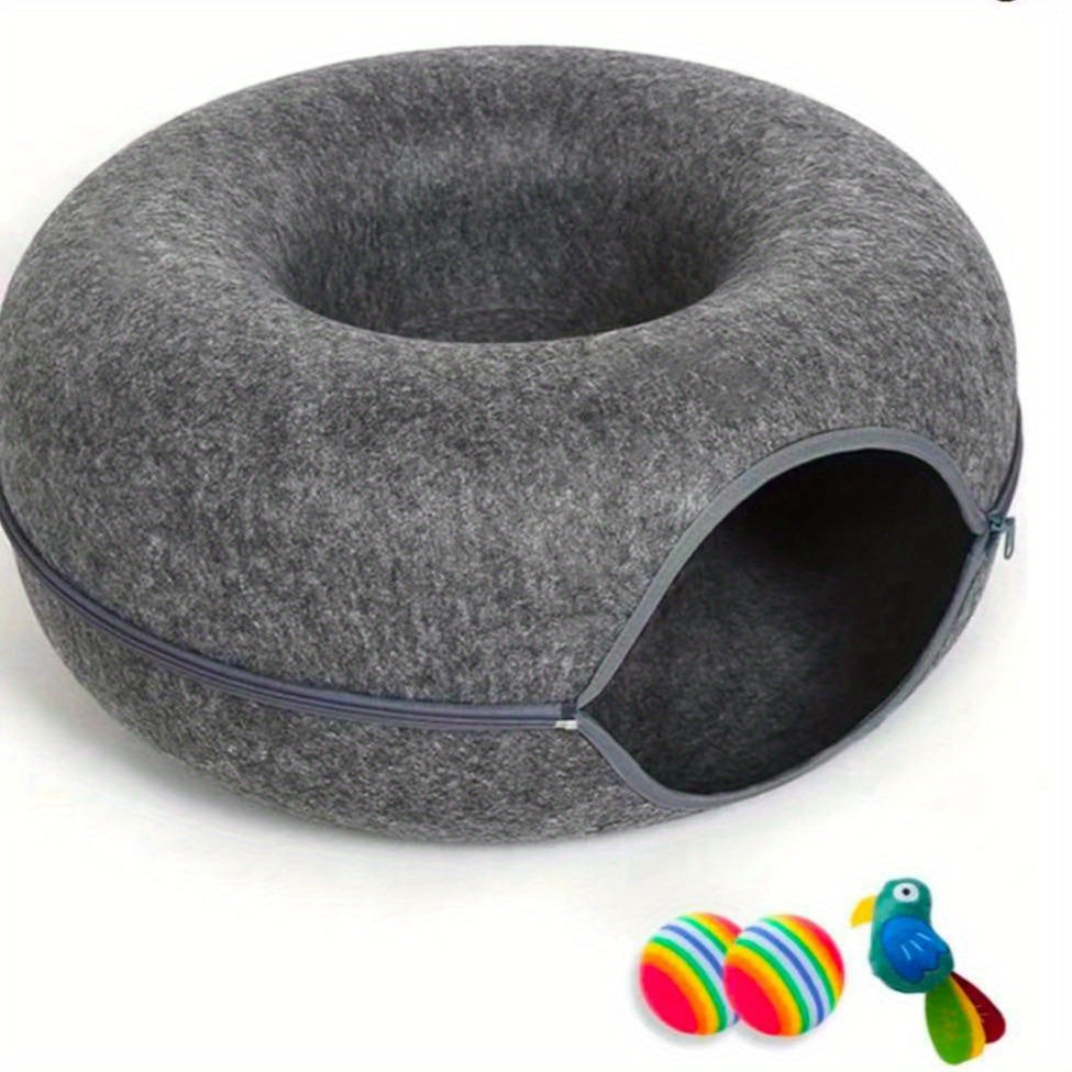 Large Cat Tunnel Bed with 3 Toys, Scratch-Resistant Donut Bed for Indoor Cats