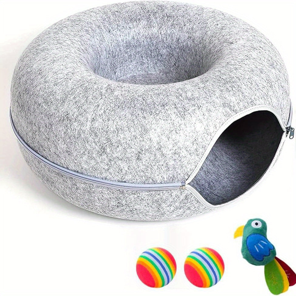 Large Cat Tunnel Bed with 3 Toys, Scratch-Resistant Donut Bed for Indoor Cats
