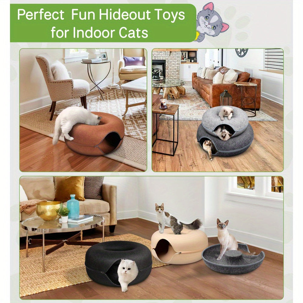 Large Cat Tunnel Bed with 3 Toys, Scratch-Resistant Donut Bed for Indoor Cats