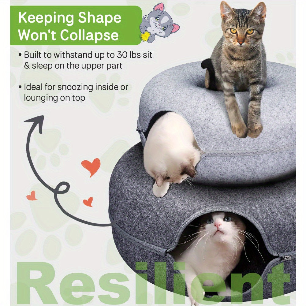 Large Cat Tunnel Bed with 3 Toys, Scratch-Resistant Donut Bed for Indoor Cats