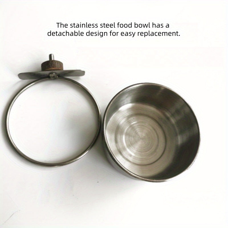 Parrot Cage Accessory Set – Stainless Steel Bowls with Perch Stand & Applewood Bar