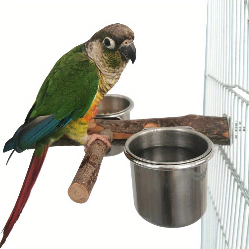 Parrot Cage Accessory Set – Stainless Steel Bowls with Perch Stand & Applewood Bar