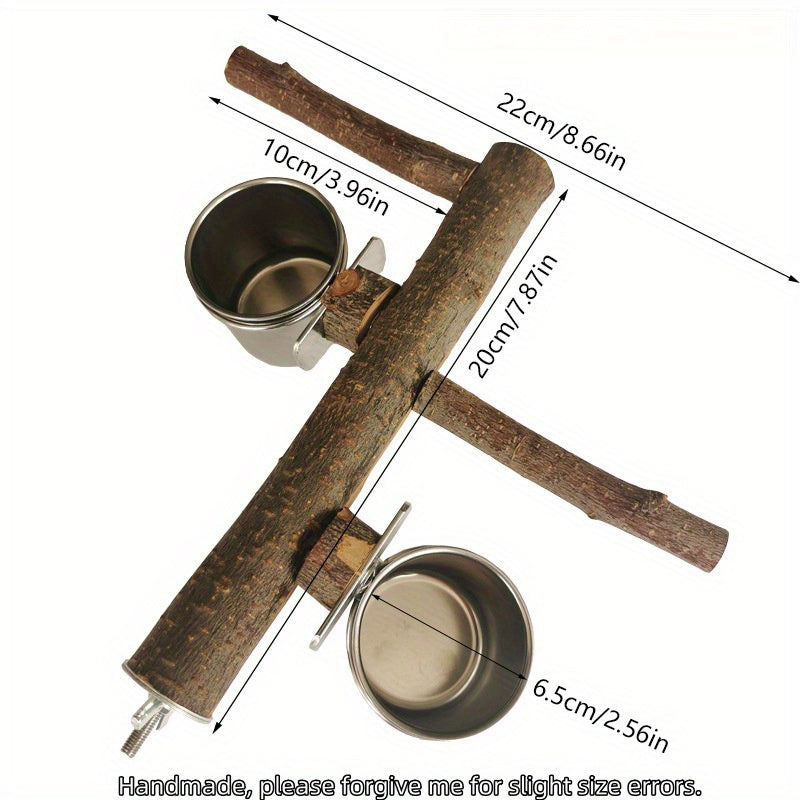 Parrot Cage Accessory Set – Stainless Steel Bowls with Perch Stand & Applewood Bar