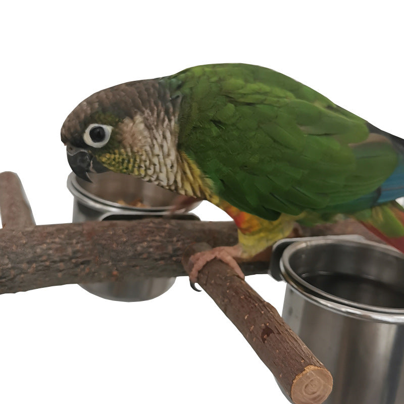 Parrot Cage Accessory Set – Stainless Steel Bowls with Perch Stand & Applewood Bar