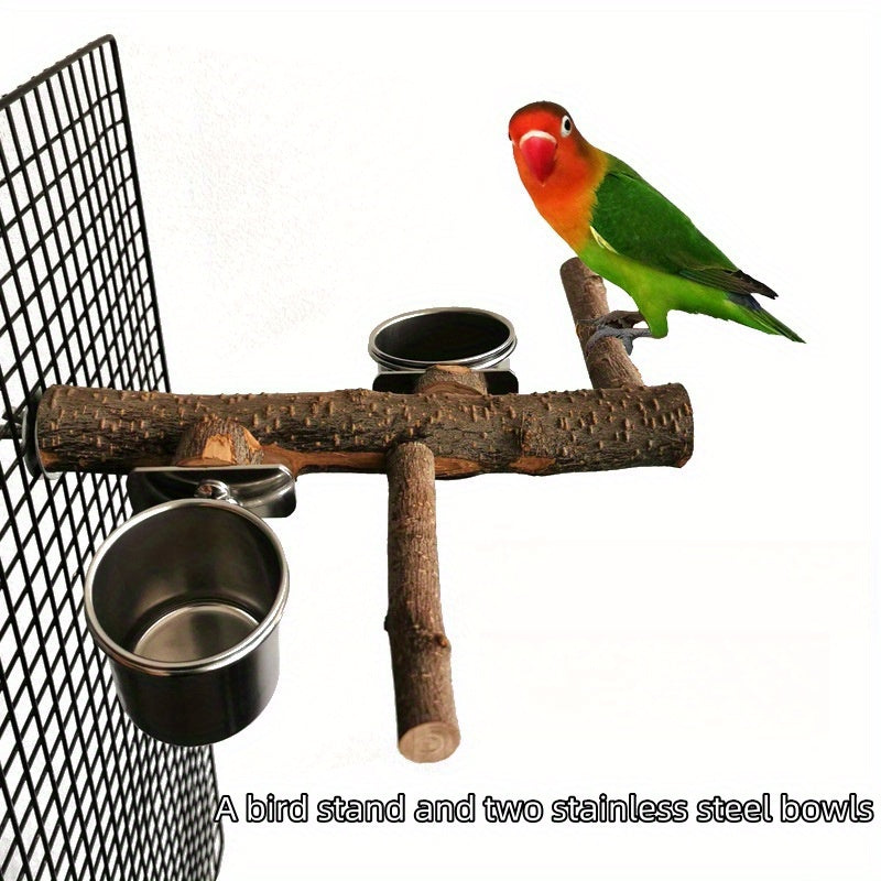 Parrot Cage Accessory Set – Stainless Steel Bowls with Perch Stand & Applewood Bar