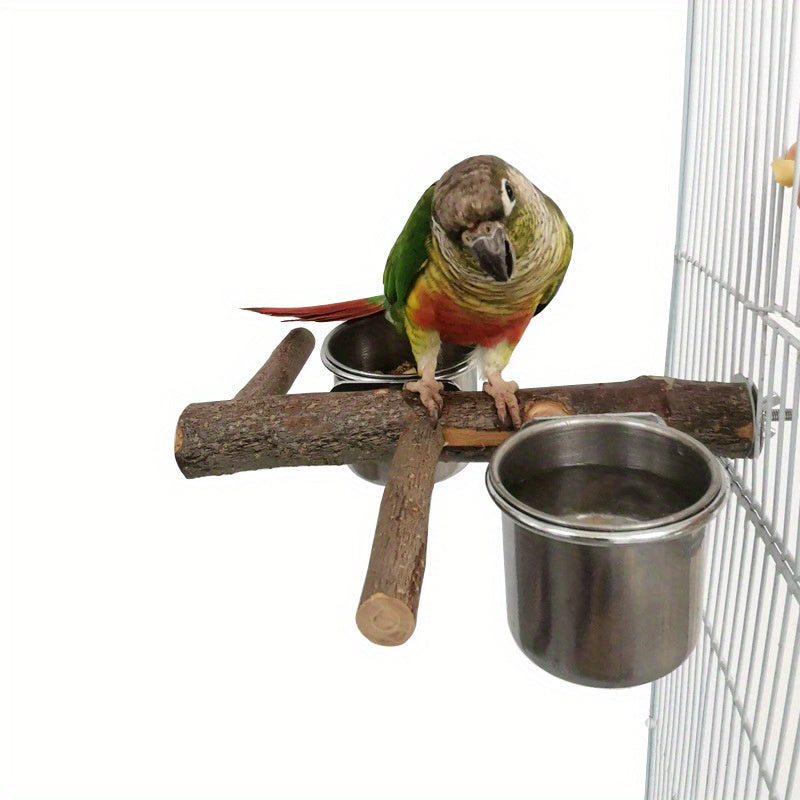 Parrot Cage Accessory Set – Stainless Steel Bowls with Perch Stand & Applewood Bar