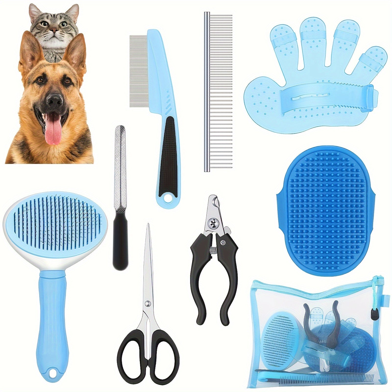 9-Piece Dog Grooming Brush Set with Self-Cleaning Tools & Nail Care Kit