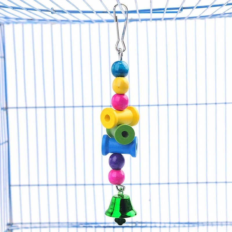 Colorful Parrot Chew Toy with Bell – Wooden Hanging Cage Accessory