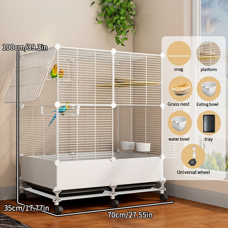 Extra Large Stainless Steel Bird Cage with Splash Guard – Perches, Bowls & Wheels