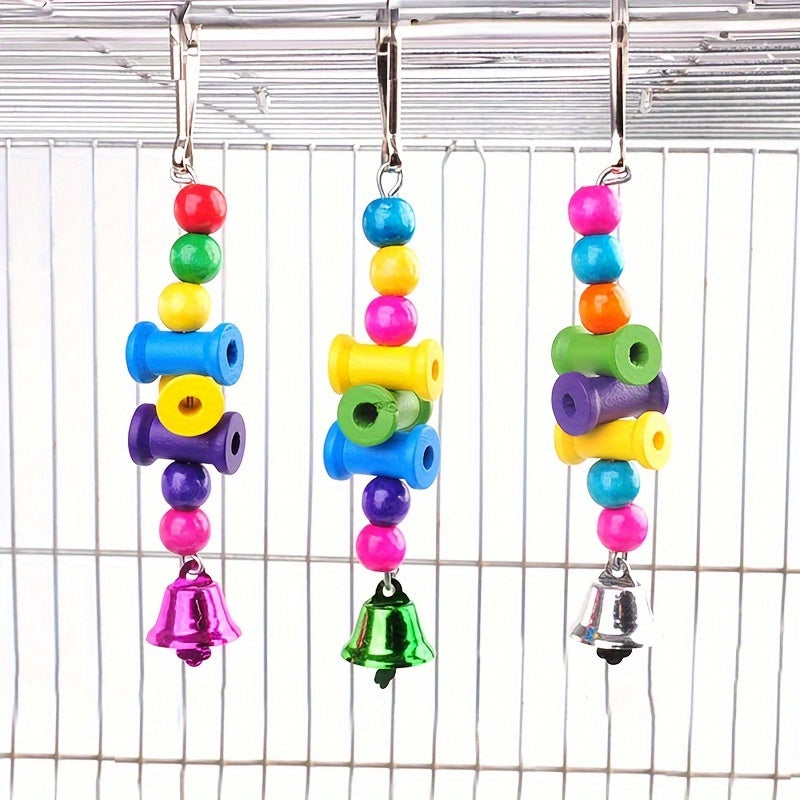 Colorful Parrot Chew Toy with Bell – Wooden Hanging Cage Accessory
