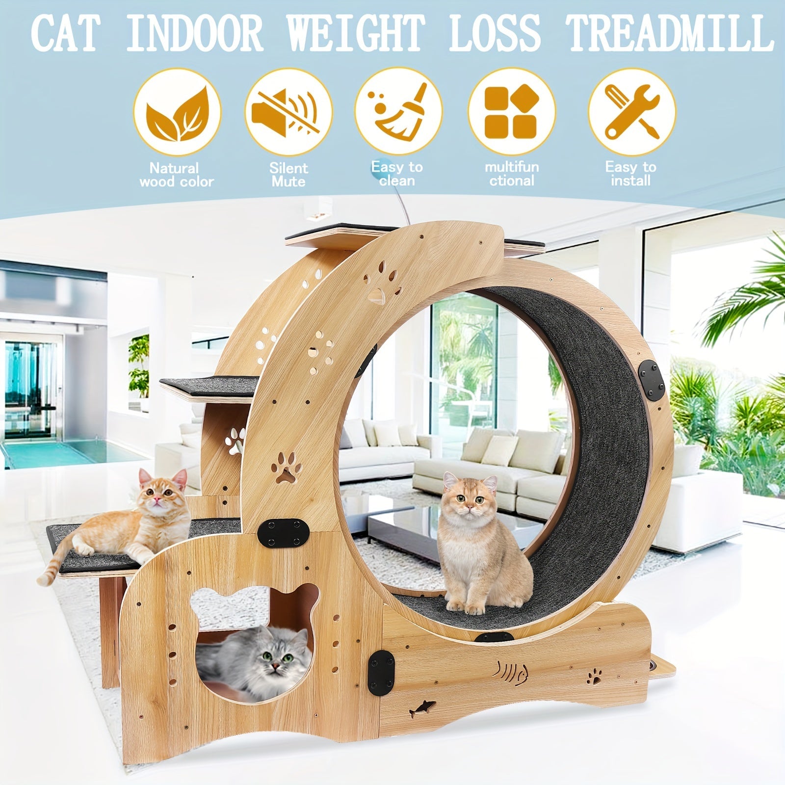 4-in-1 Cat Exercise Wheel, 78.3cm Indoor Running Wheel with Locking Mechanismm, Sturdy Noiseless Treadmill Roller with Carpeted Runway, Loss Weight Device Sports Equipment for Pets