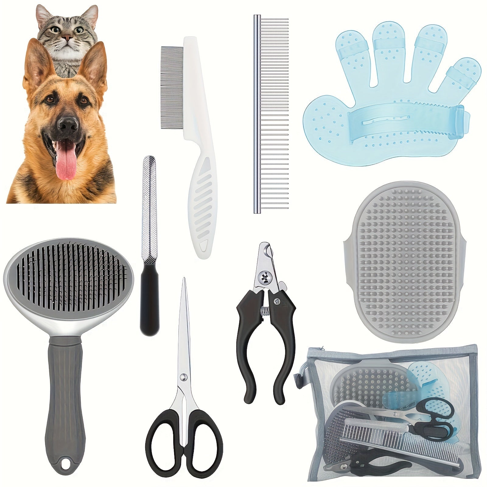 9-Piece Dog Grooming Brush Set with Self-Cleaning Tools & Nail Care Kit