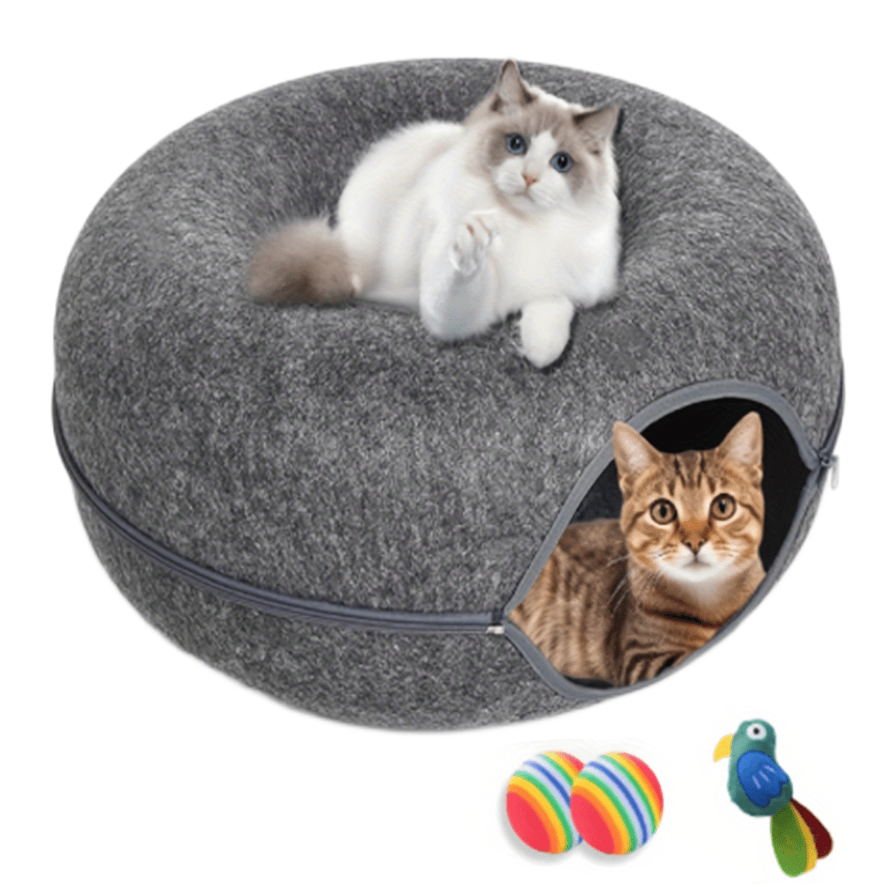 Large Cat Tunnel Bed with 3 Toys, Scratch-Resistant Donut Bed for Indoor Cats