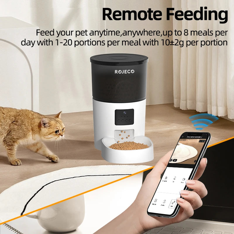 ROJECO Smart Automatic Pet Feeder with HD Camera – App Control, Video Monitoring, Voice Recorder & Programmable Cat/Dog Food Dispenser