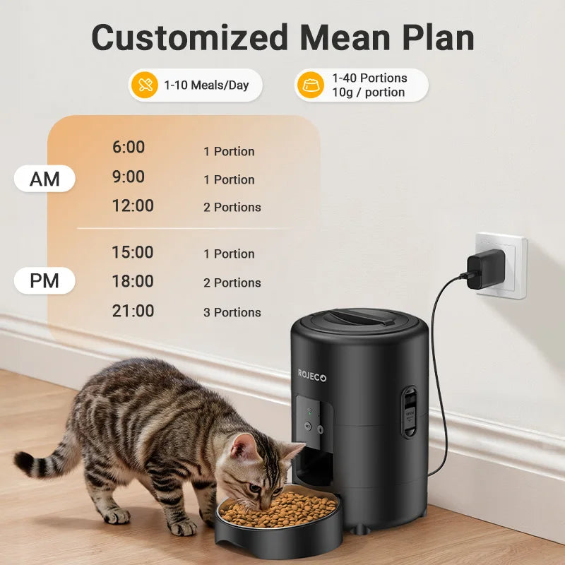ROJECO Smart Automatic Pet Feeder 2L – Wi-Fi App Control, Programmable Meals, Anti-Jam Kibble Dispenser for Cats & Dogs