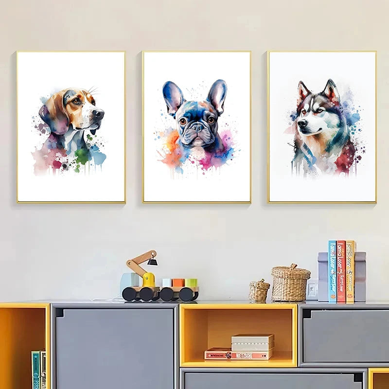Watercolor Dog Art – French Bulldog, Dalmatian, Black Terrier Canvas Print Paws and Claws