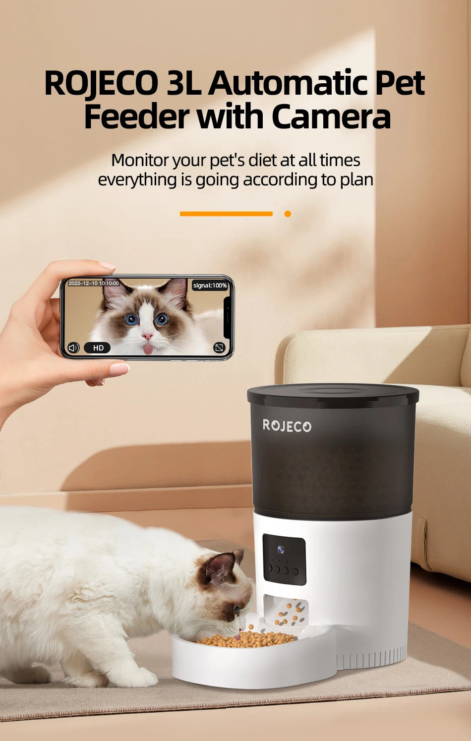 ROJECO Smart Automatic Pet Feeder with HD Camera – App Control, Video Monitoring, Voice Recorder & Programmable Cat/Dog Food Dispenser