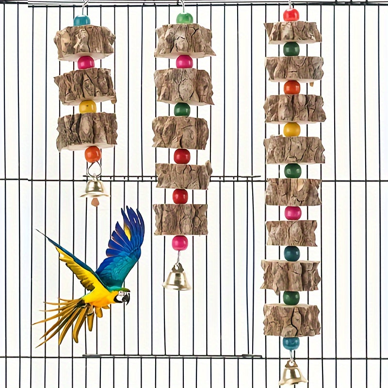 Durable Wooden Parrot Toy with Bell & Beads – Chewing & Grinding Aid