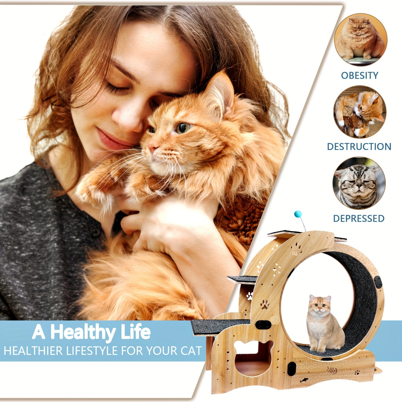 4-in-1 Cat Exercise Wheel, 78.3cm Indoor Running Wheel with Locking Mechanismm, Sturdy Noiseless Treadmill Roller with Carpeted Runway, Loss Weight Device Sports Equipment for Pets