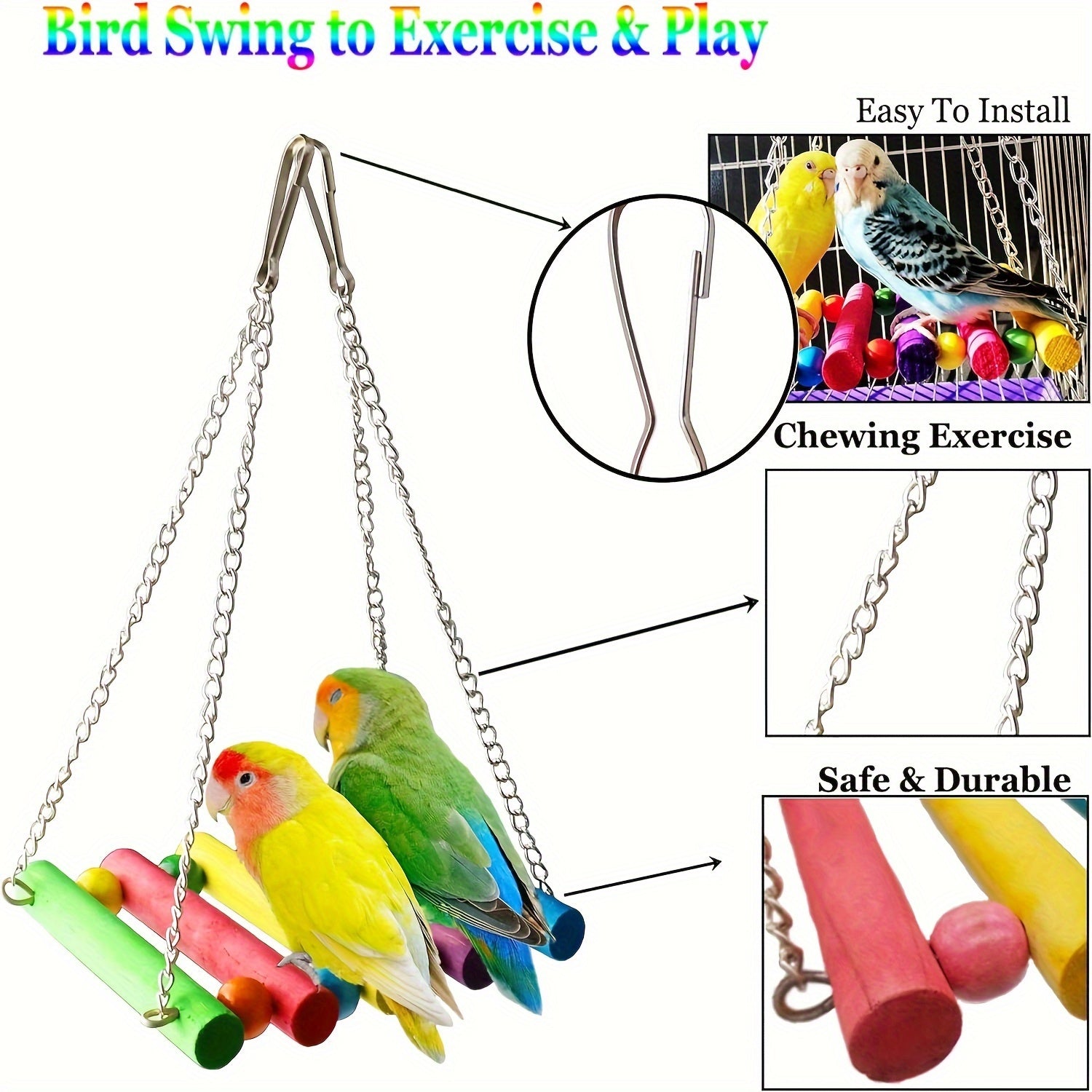 Colorful Wooden Bird Swing Toy with Mirror & Hanging Bridge – Parrot Playset
