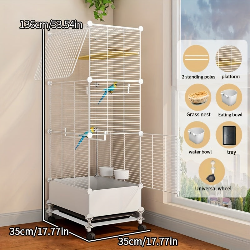 Extra Large Stainless Steel Bird Cage with Splash Guard – Perches, Bowls & Wheels