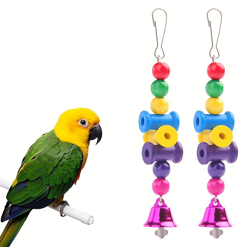 Colorful Parrot Chew Toy with Bell – Wooden Hanging Cage Accessory