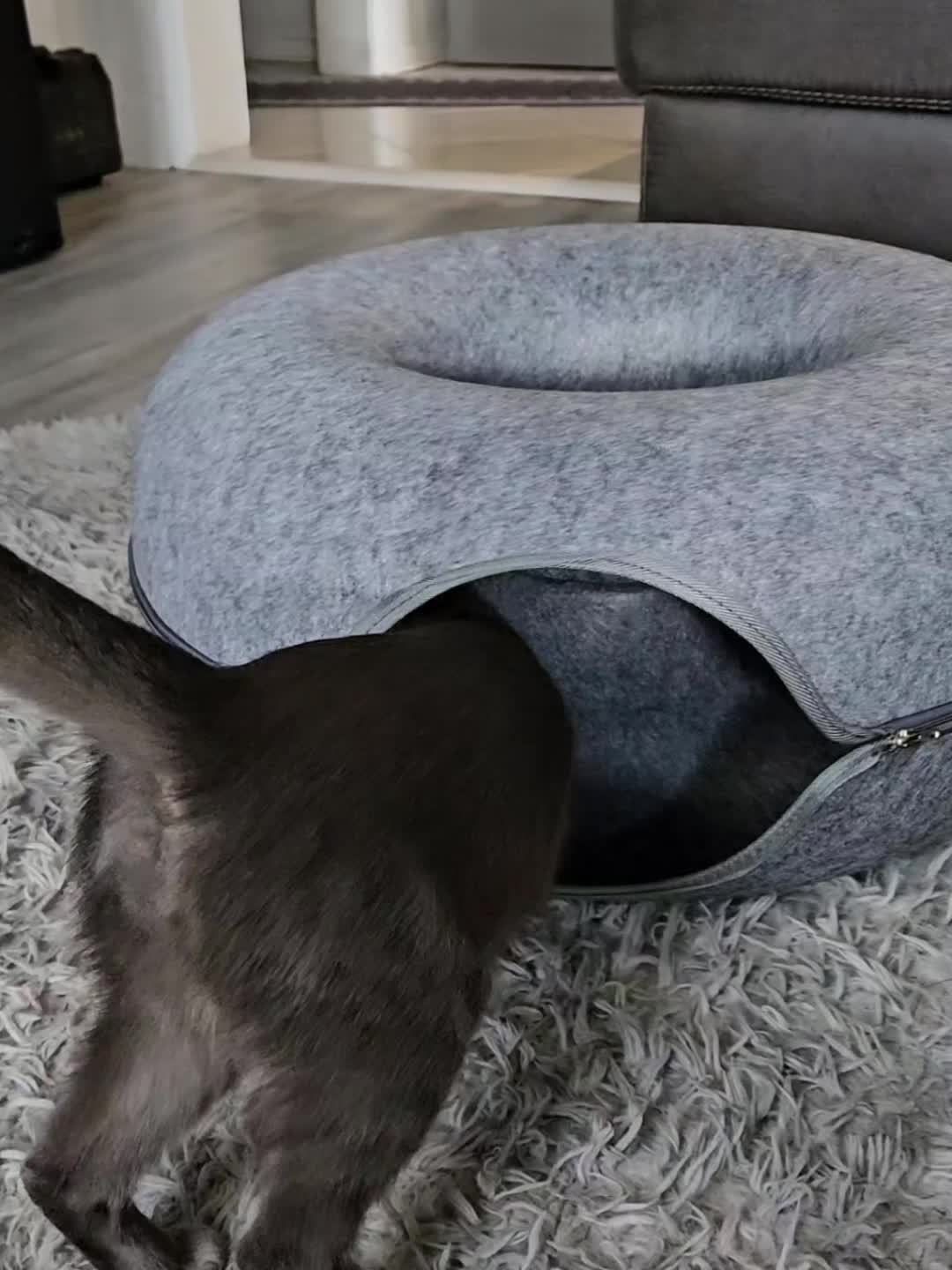 Large Cat Tunnel Bed with 3 Toys, Scratch-Resistant Donut Bed for Indoor Cats