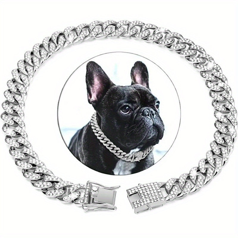 Diamond-Studded Metal Cuban Dog Collar, Safety Buckle, Martingale Design