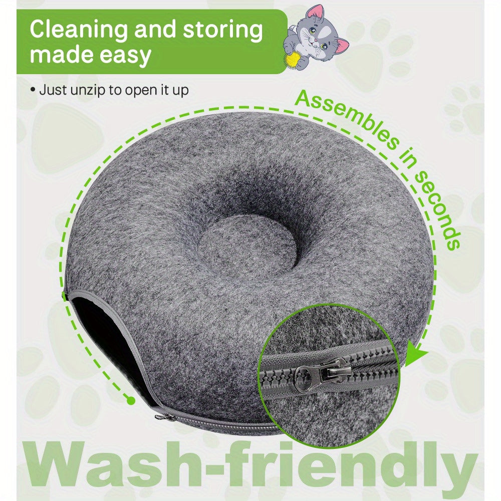 Large Cat Tunnel Bed with 3 Toys, Scratch-Resistant Donut Bed for Indoor Cats