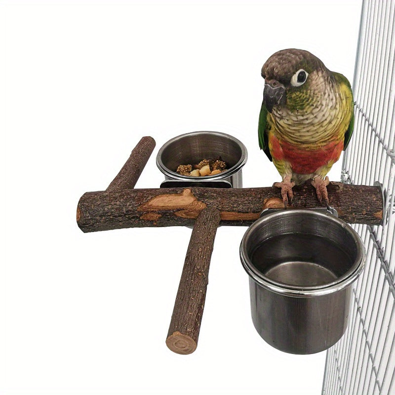 Parrot Cage Accessory Set – Stainless Steel Bowls with Perch Stand & Applewood Bar
