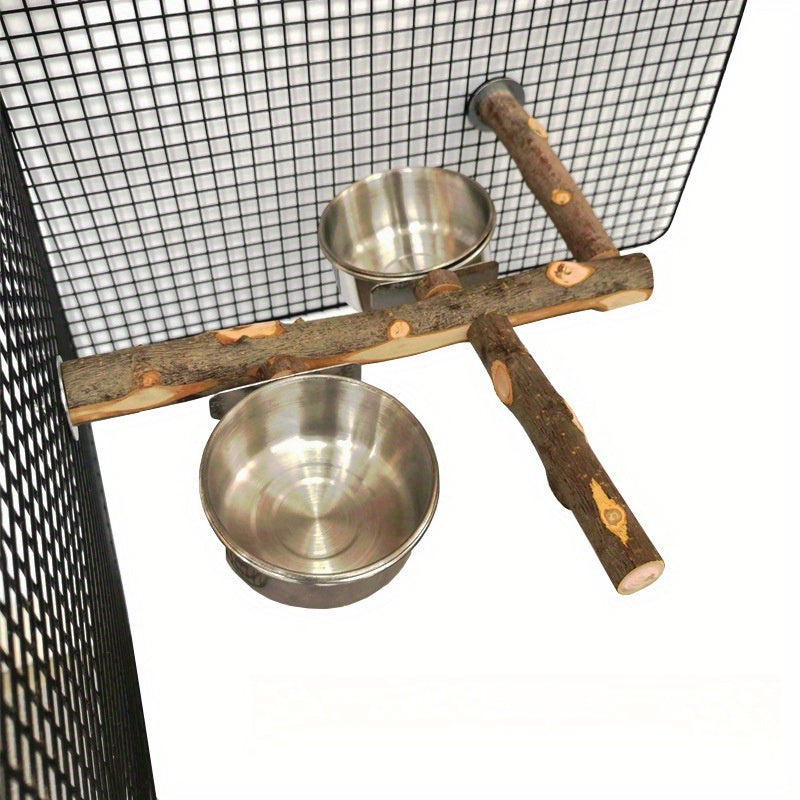 Parrot Cage Accessory Set – Stainless Steel Bowls with Perch Stand & Applewood Bar