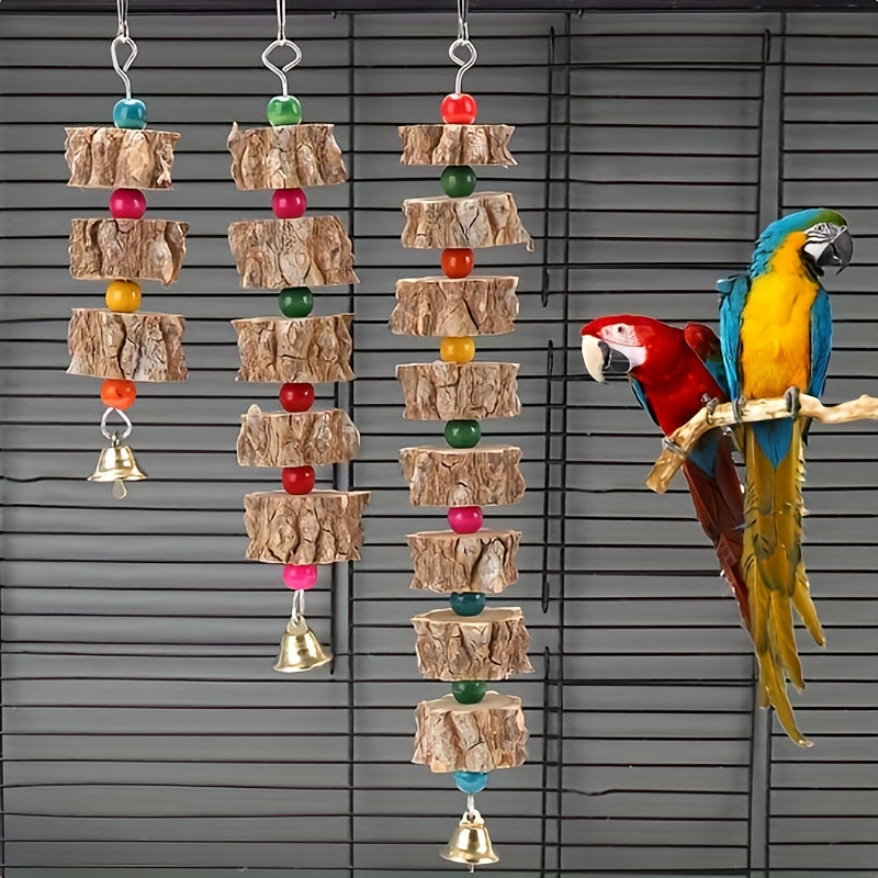 Durable Wooden Parrot Toy with Bell & Beads – Chewing & Grinding Aid