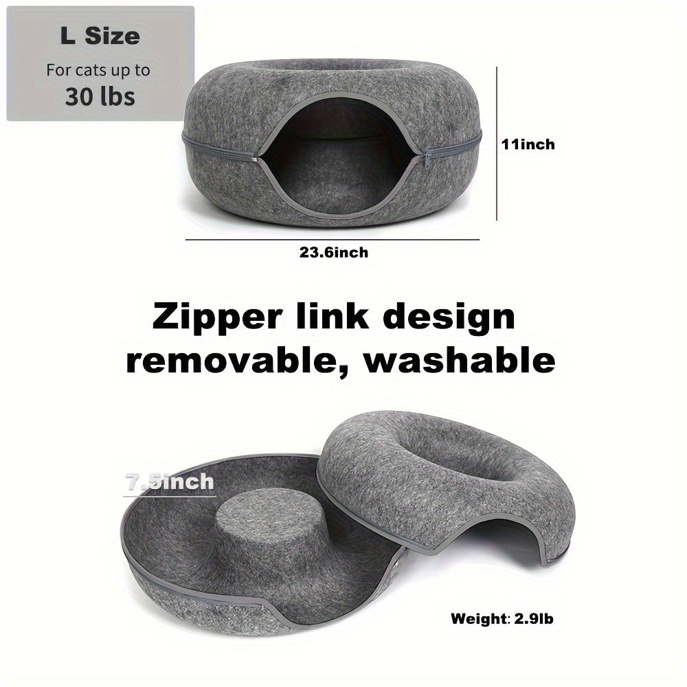 Large Cat Tunnel Bed with 3 Toys, Scratch-Resistant Donut Bed for Indoor Cats