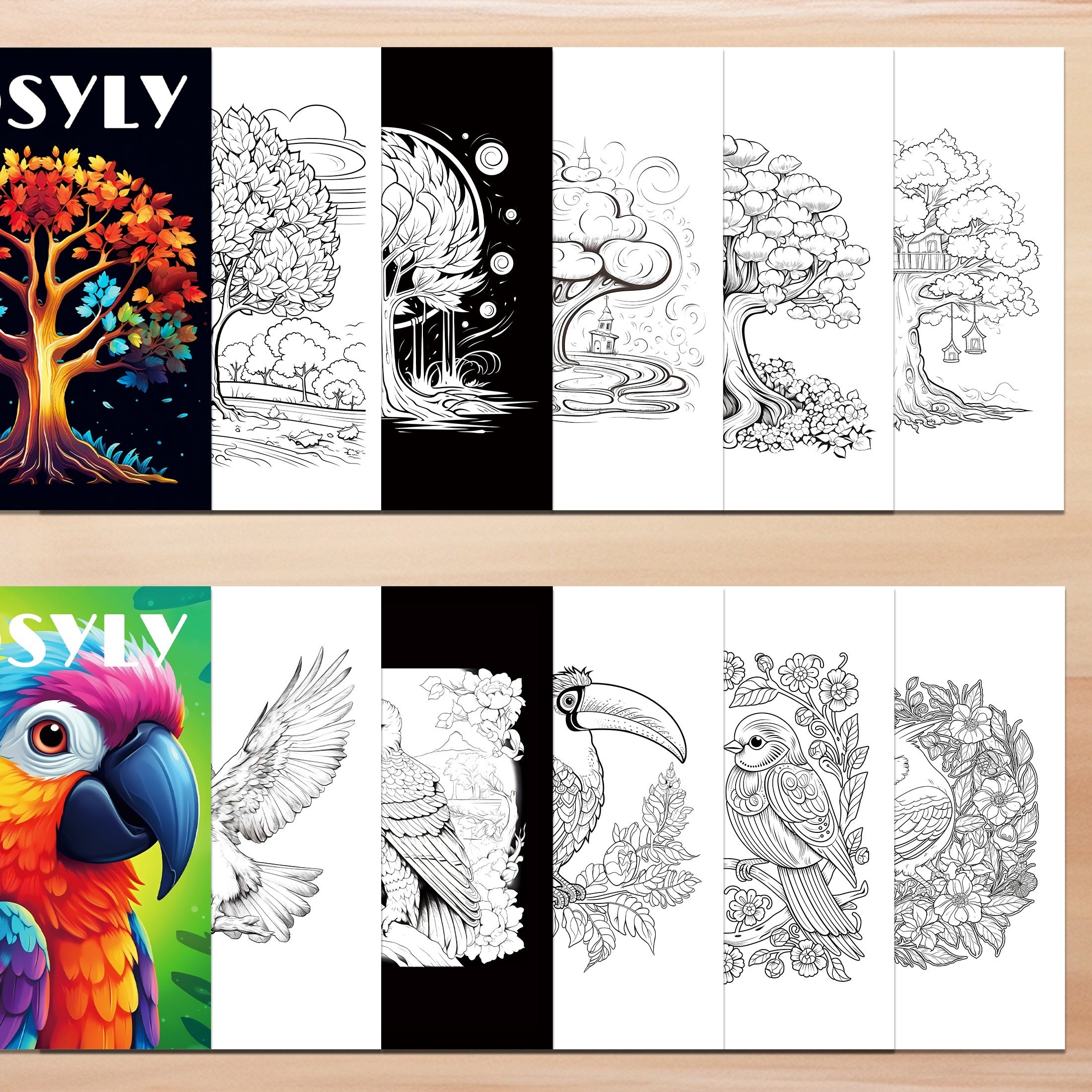 Set of 2 Coloring Books – Tree of Life & Birds Creative Art for Adults & Teens