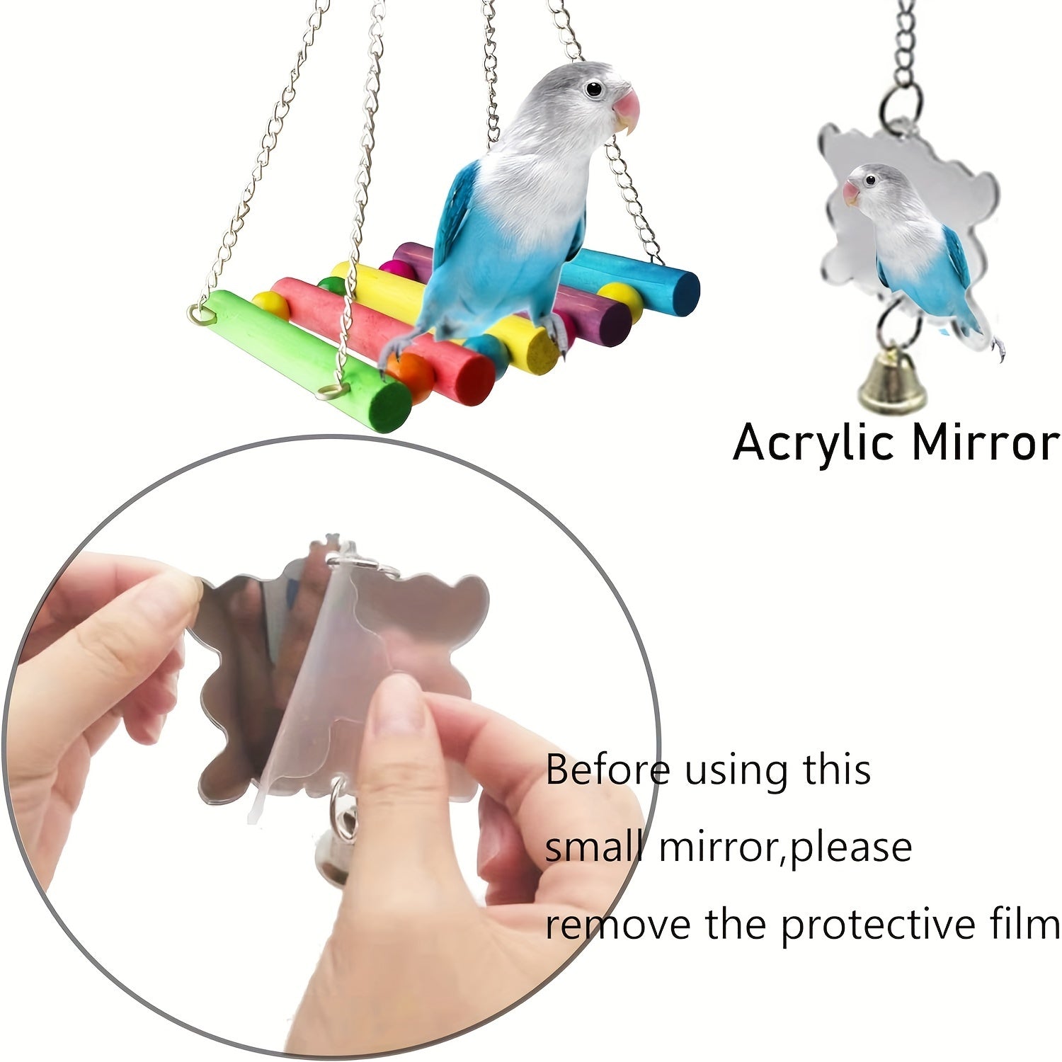 Colorful Wooden Bird Swing Toy with Mirror & Hanging Bridge – Parrot Playset