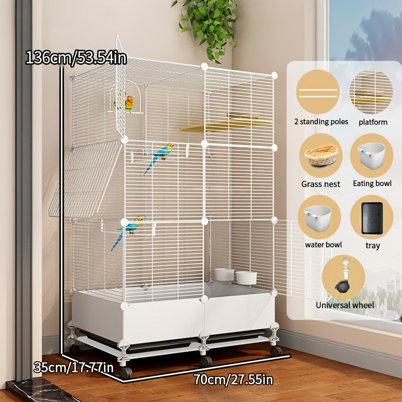 Extra Large Stainless Steel Bird Cage with Splash Guard – Perches, Bowls & Wheels