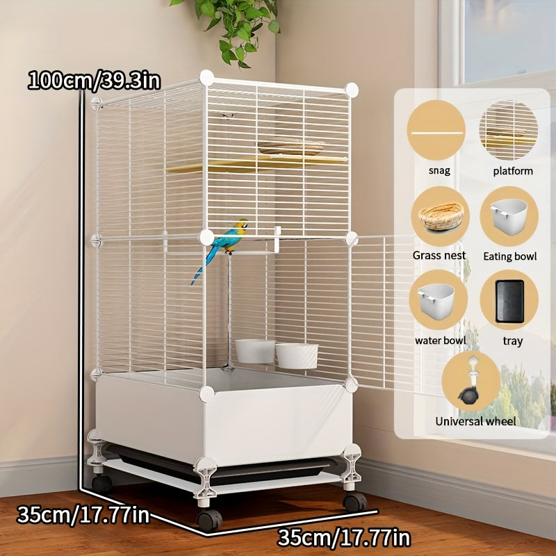 Extra Large Stainless Steel Bird Cage with Splash Guard – Perches, Bowls & Wheels