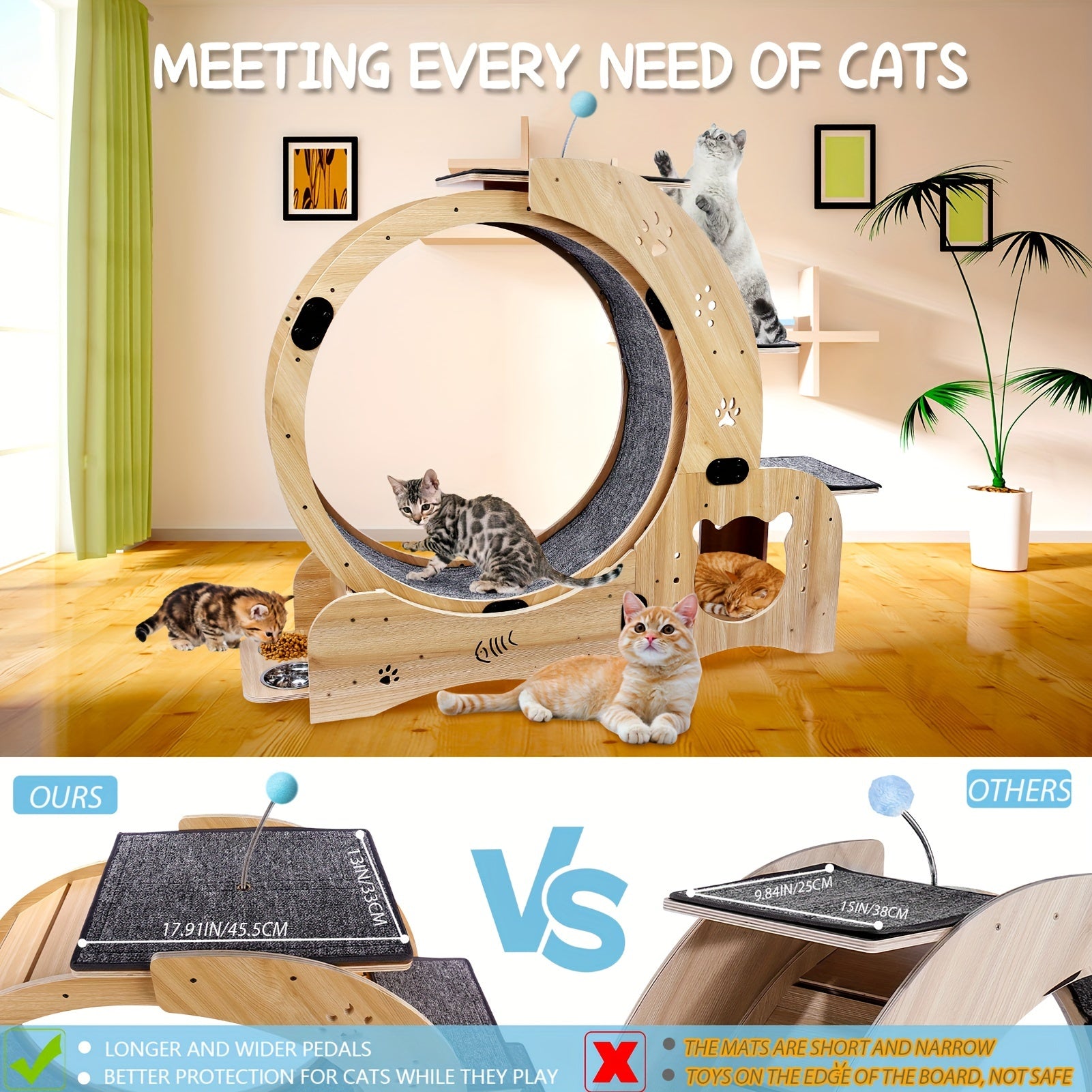 4-in-1 Cat Exercise Wheel, 78.3cm Indoor Running Wheel with Locking Mechanismm, Sturdy Noiseless Treadmill Roller with Carpeted Runway, Loss Weight Device Sports Equipment for Pets