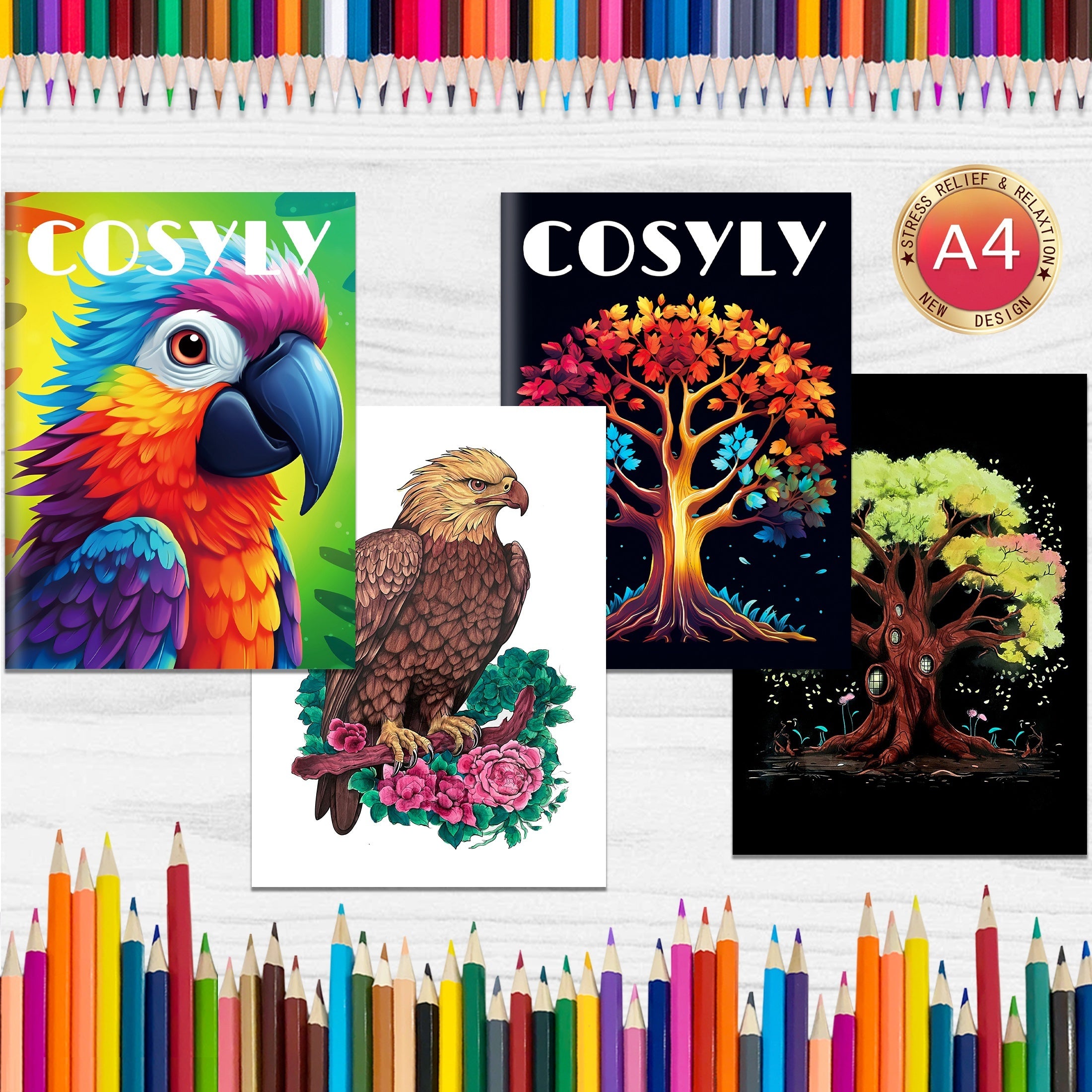 Set of 2 Coloring Books – Tree of Life & Birds Creative Art for Adults & Teens