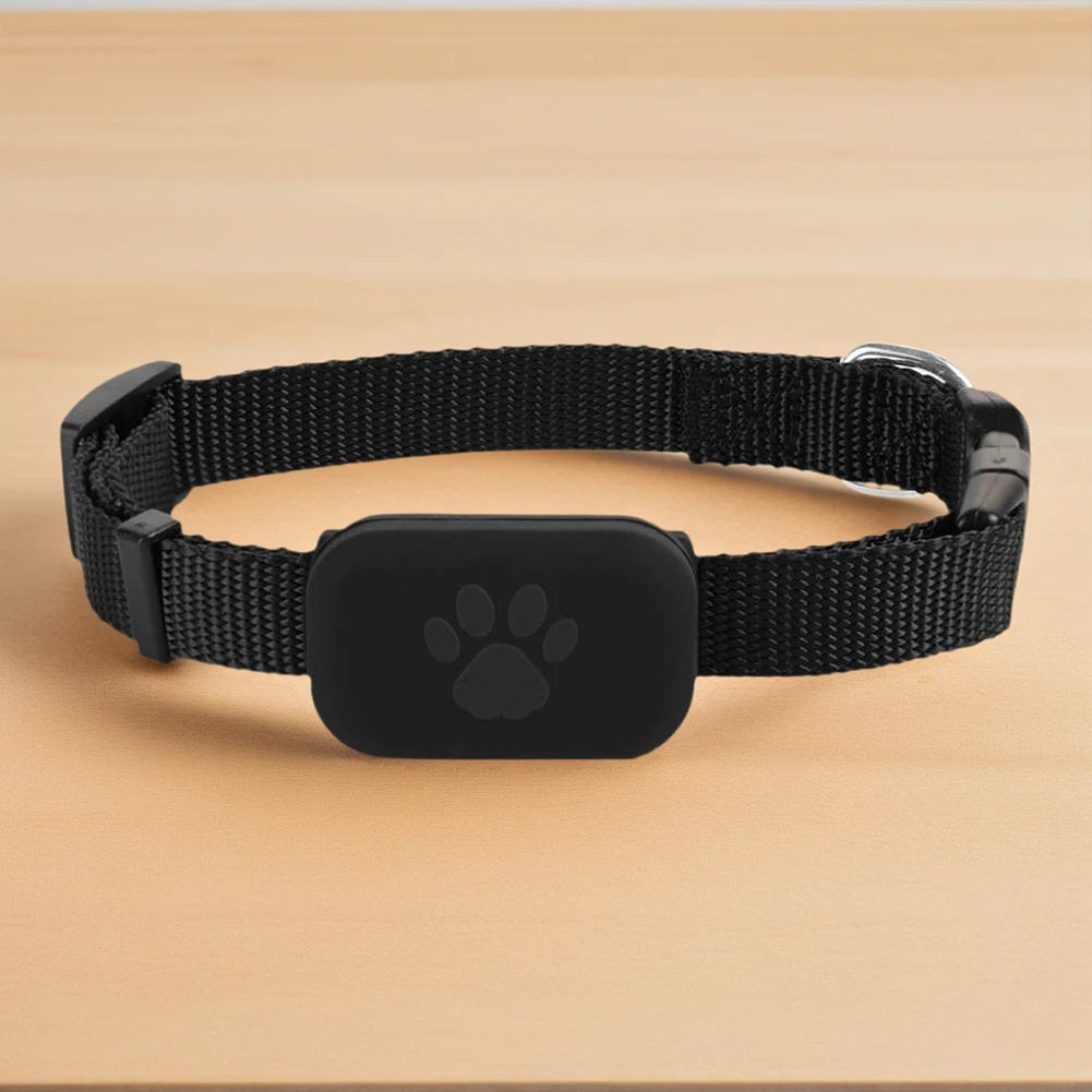 Black dog collar with a black device featuring a paw print on a beige background