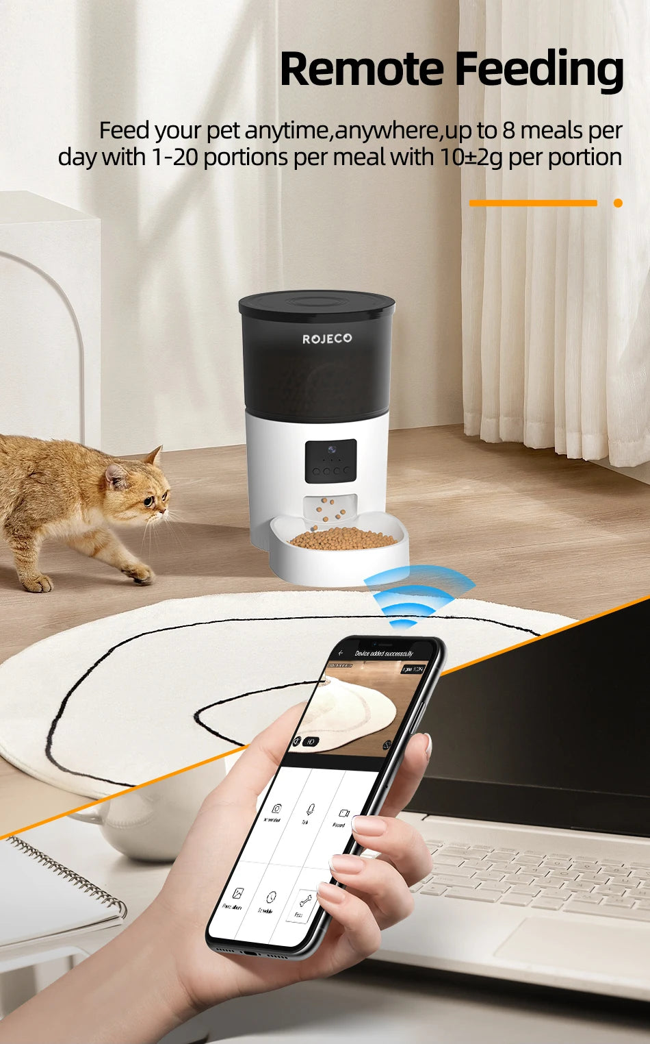 ROJECO Smart Automatic Pet Feeder with HD Camera – App Control, Video Monitoring, Voice Recorder & Programmable Cat/Dog Food Dispenser