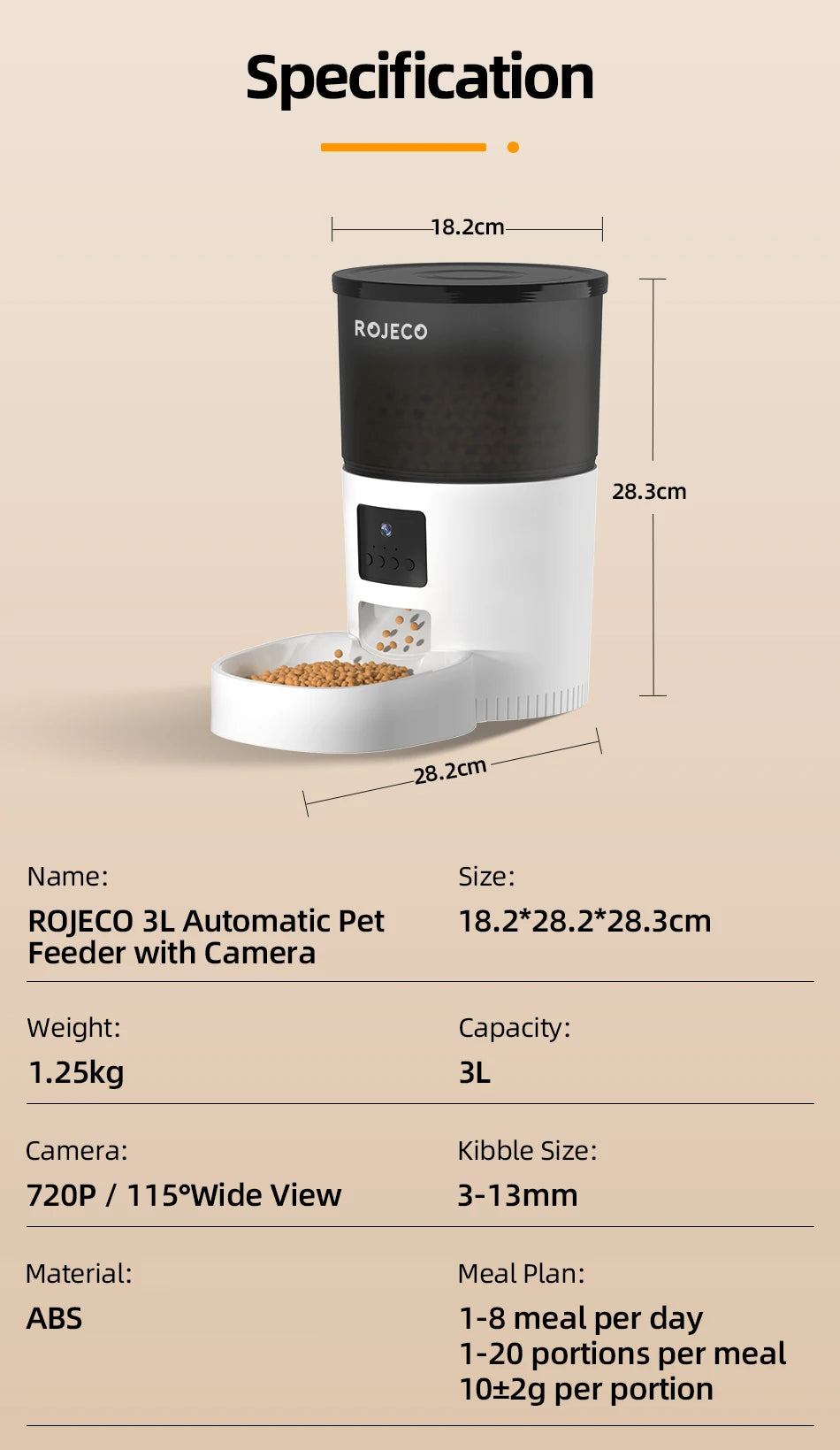 ROJECO Smart Automatic Pet Feeder with HD Camera – App Control, Video Monitoring, Voice Recorder & Programmable Cat/Dog Food Dispenser