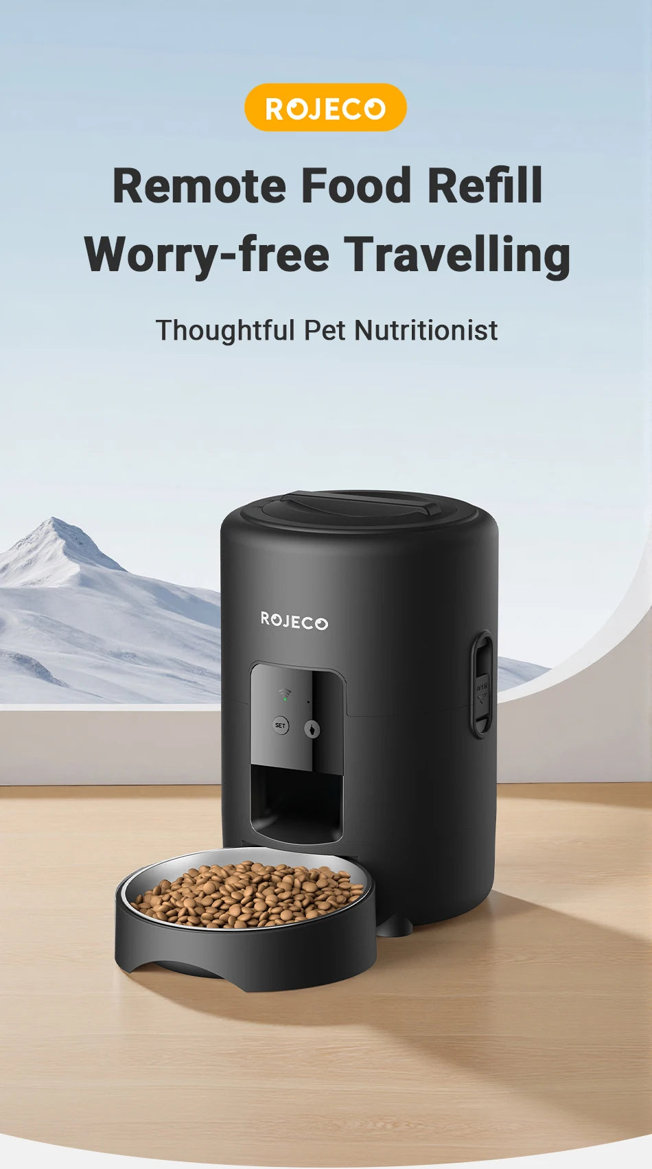 ROJECO Smart Automatic Pet Feeder 2L – Wi-Fi App Control, Programmable Meals, Anti-Jam Kibble Dispenser for Cats & Dogs