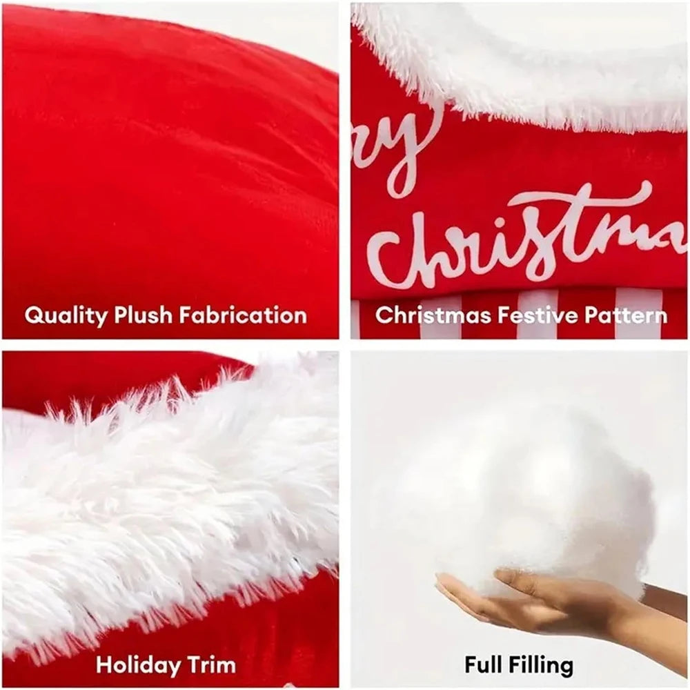 Product features including plush fabric, Christmas festive pattern, holiday trim, and full filling.