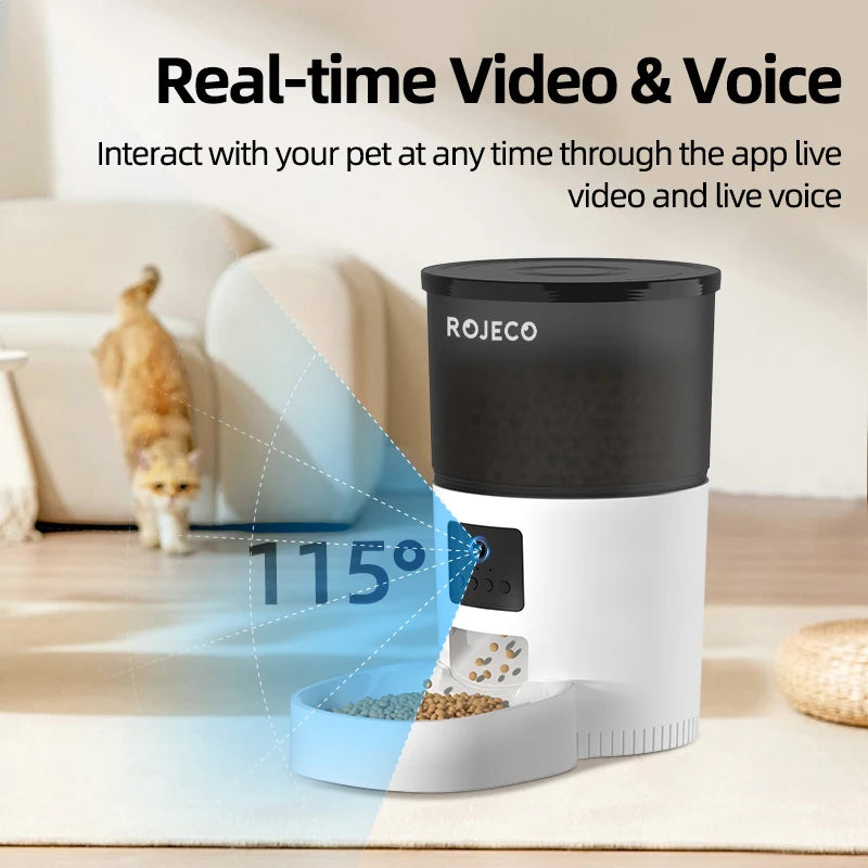 ROJECO Smart Automatic Pet Feeder with HD Camera – App Control, Video Monitoring, Voice Recorder & Programmable Cat/Dog Food Dispenser