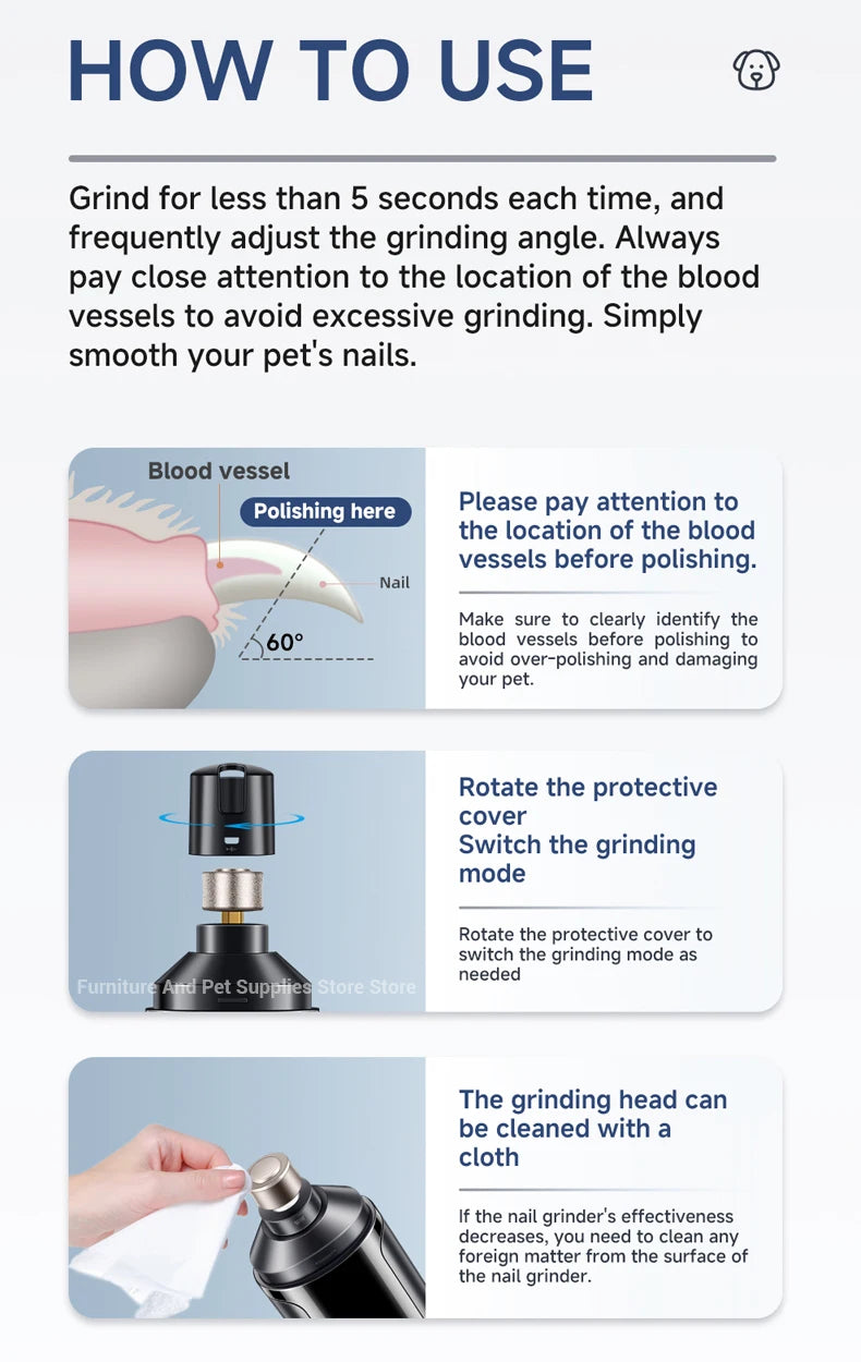 USB Rechargeable Electric Pet Nail Grinder – Painless Diamond Wheel Trimmer for Dogs, Cats & Small Animals (Low-Noise, Strong Power, Multiple Grinding Ports)