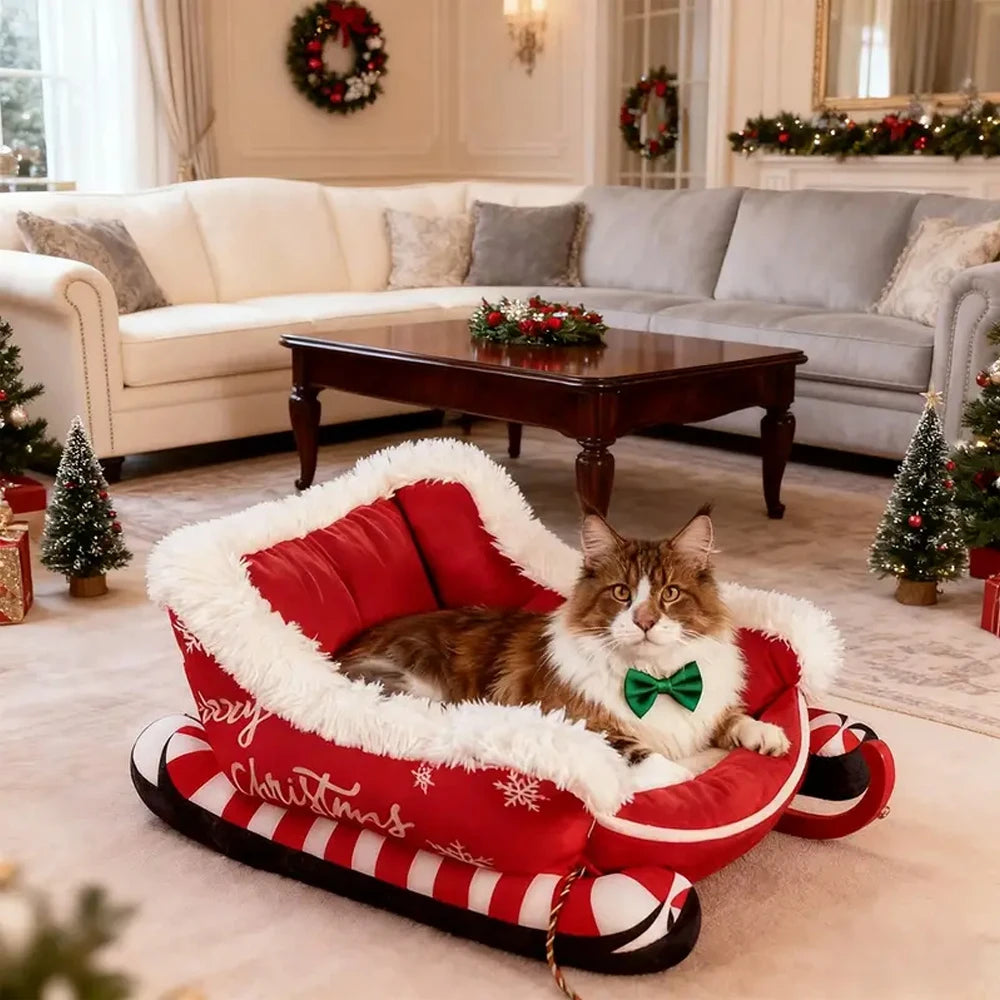 Cat lying on a festive Christmas-themed pet bed in a decorated living room.
